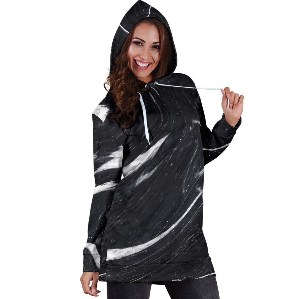 Black White Liquid Marble Print Hoodie Dress GearFrost