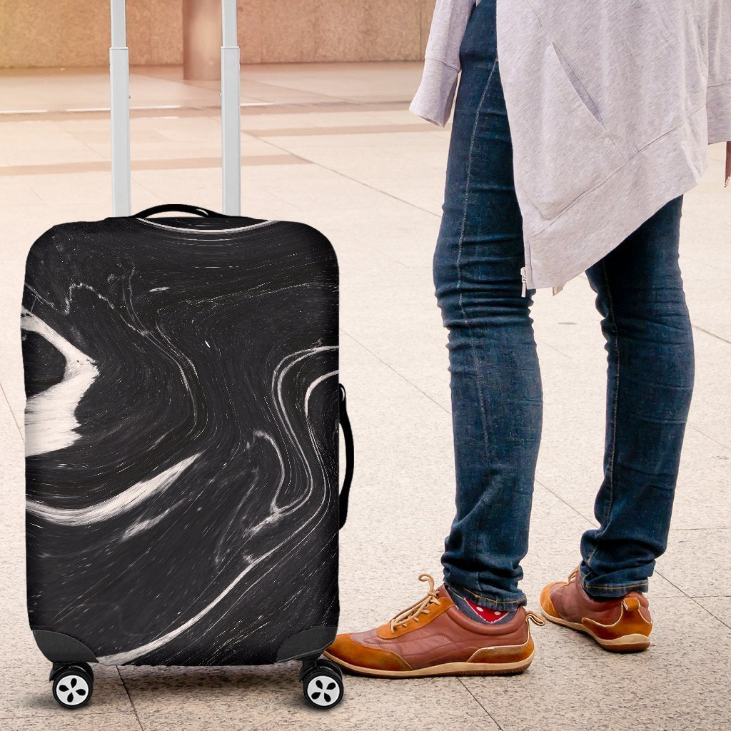 Black White Liquid Marble Print Luggage Cover GearFrost