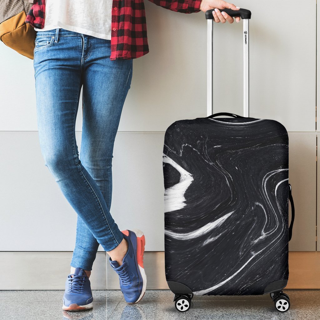 Black White Liquid Marble Print Luggage Cover GearFrost