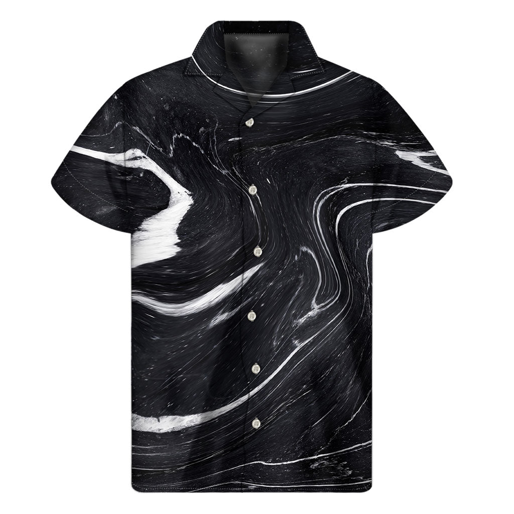 Black White Liquid Marble Print Men's Short Sleeve Shirt