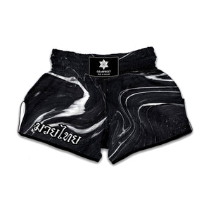 Black White Liquid Marble Print Muay Thai Boxing Shorts