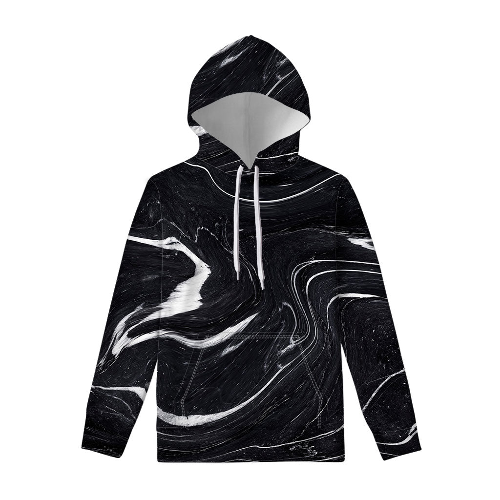 Black White Liquid Marble Print Pullover Hoodie