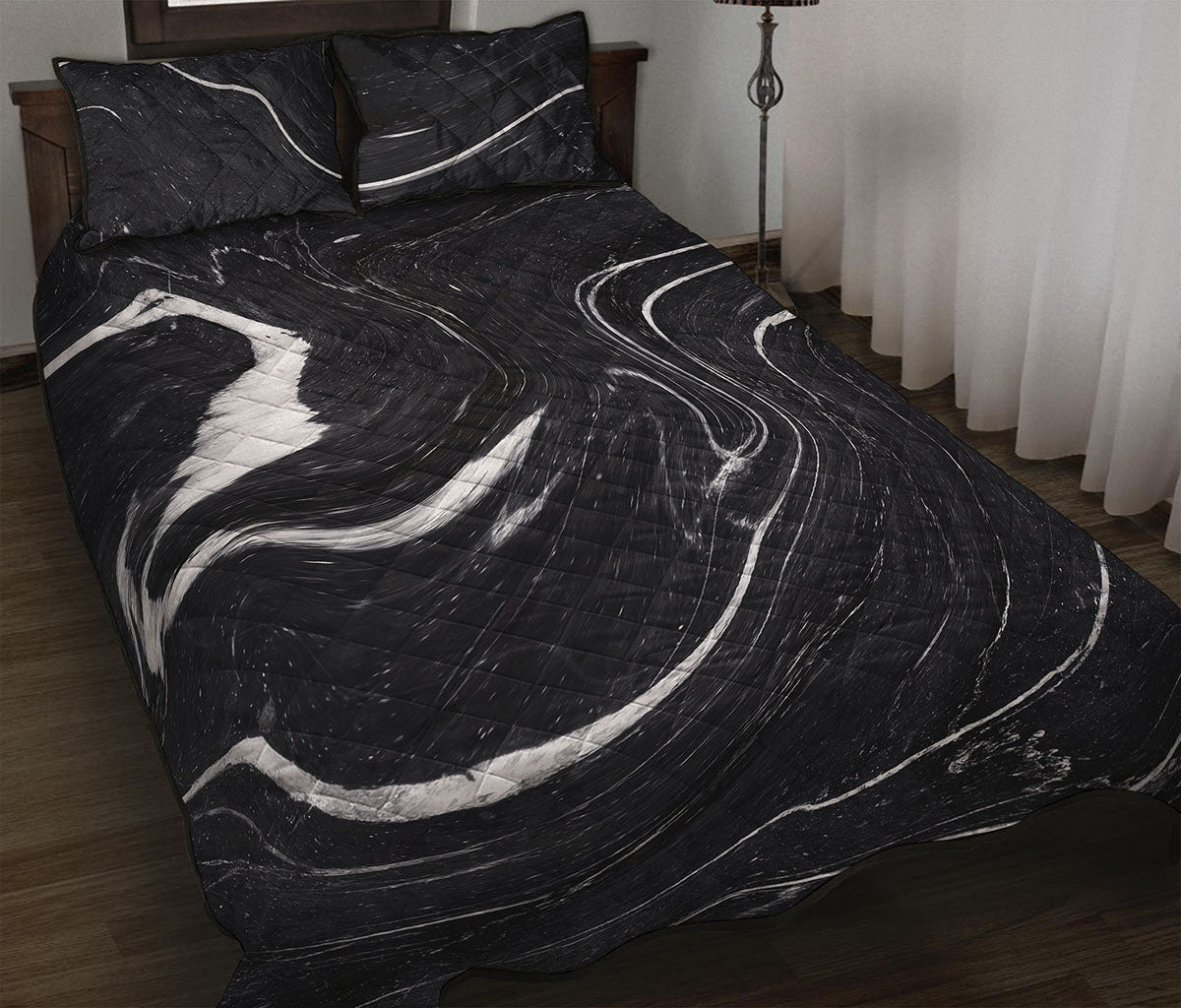 Black White Liquid Marble Print Quilt Bed Set