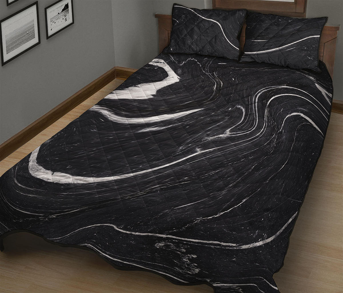 Black White Liquid Marble Print Quilt Bed Set