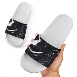 Black White Liquid Marble Print White Slide Sandals