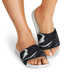 Black White Liquid Marble Print White Slide Sandals