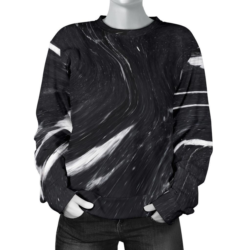 Black White Liquid Marble Print Women's Crewneck Sweatshirt GearFrost