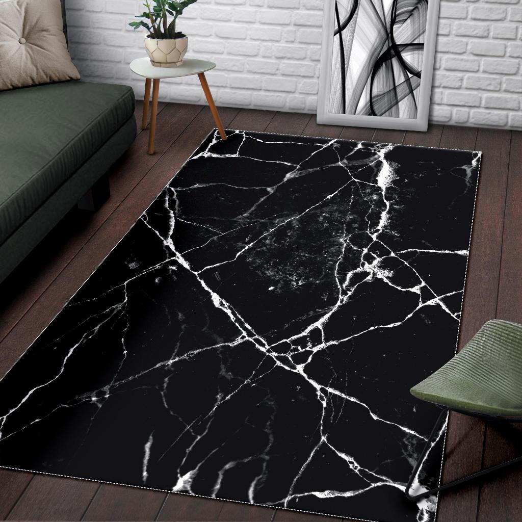Black White Natural Marble Print Area Rug GearFrost