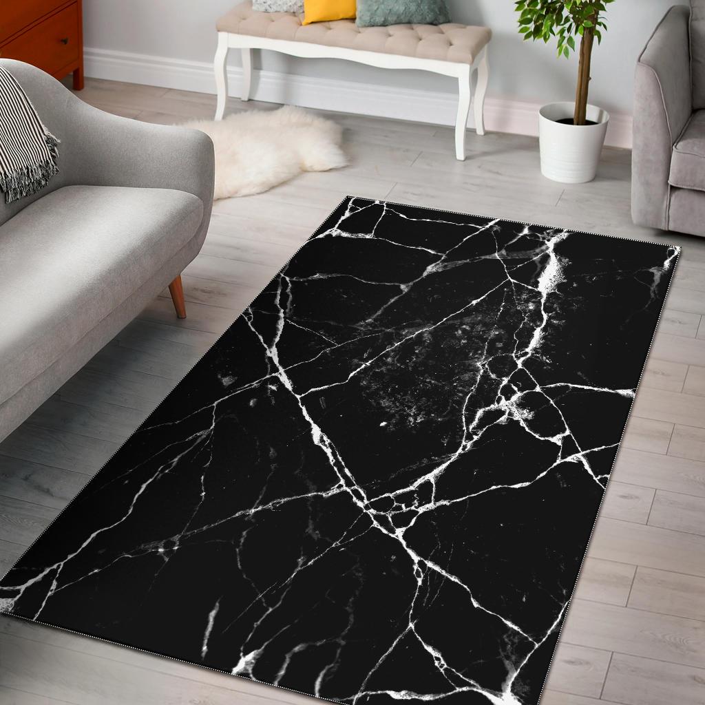 Black White Natural Marble Print Area Rug GearFrost