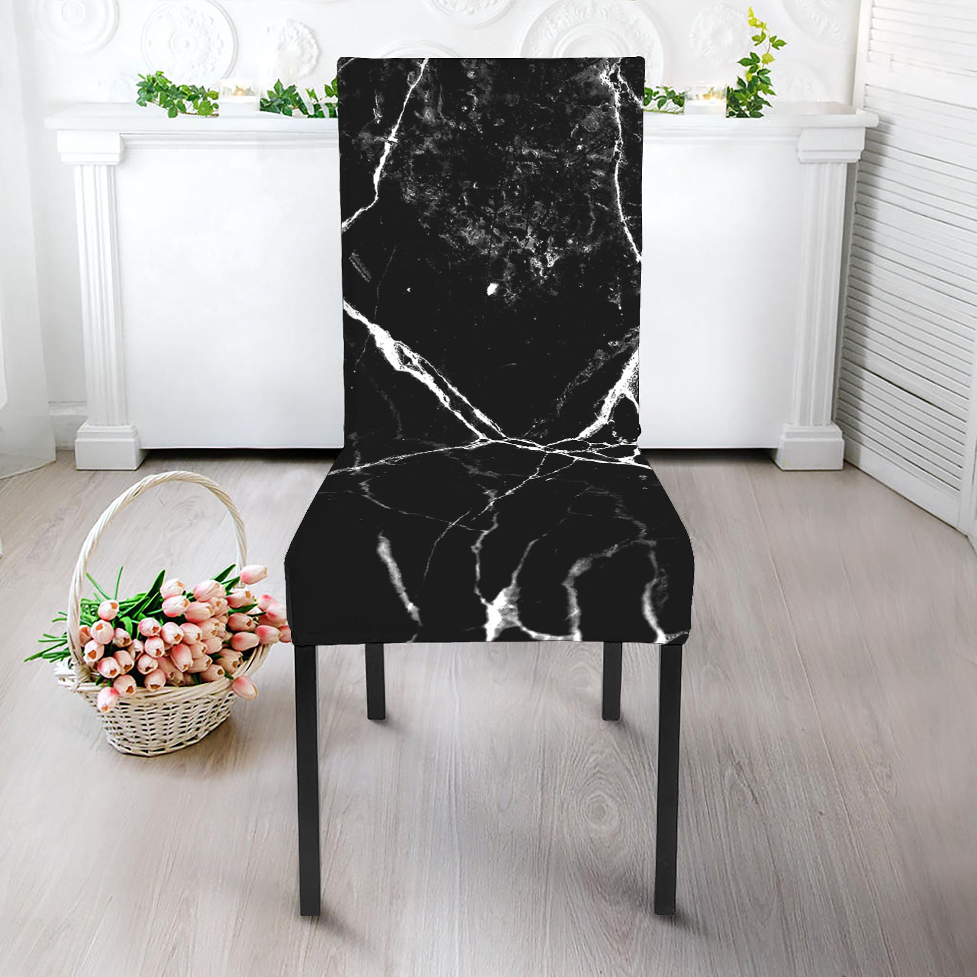 Black White Natural Marble Print Dining Chair Slipcover
