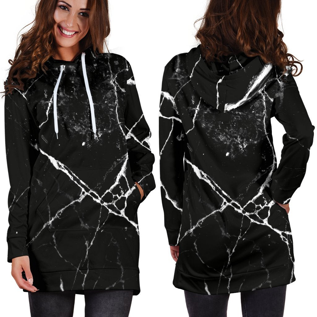 Black White Natural Marble Print Hoodie Dress GearFrost