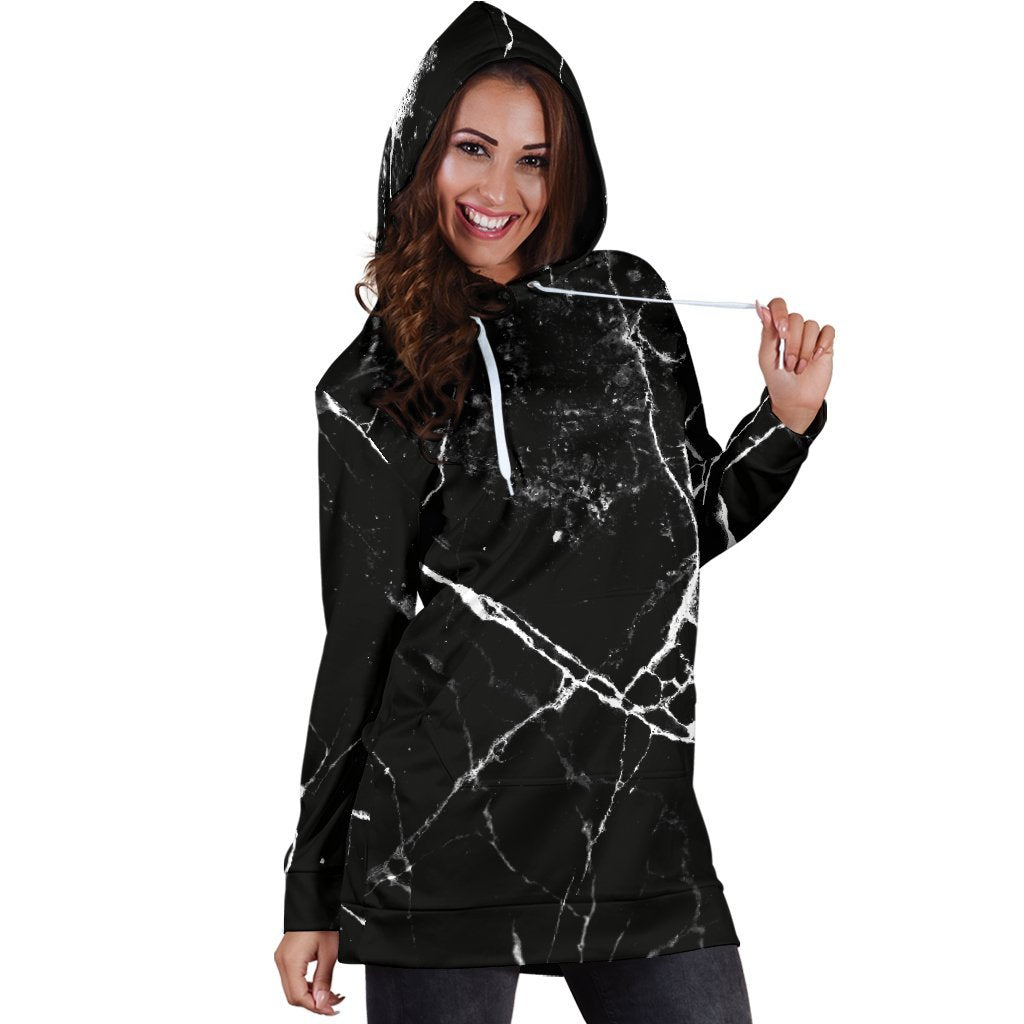 Black White Natural Marble Print Hoodie Dress GearFrost