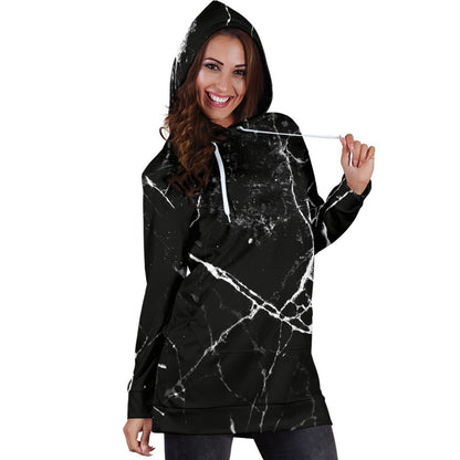 Black White Natural Marble Print Hoodie Dress GearFrost