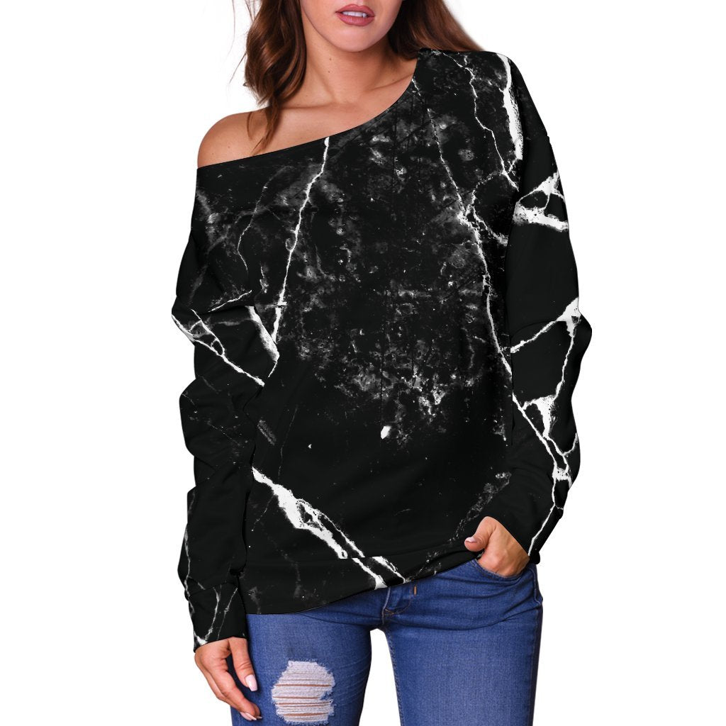 Black White Natural Marble Print Off Shoulder Sweatshirt GearFrost