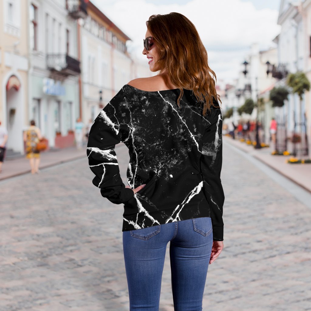 Black White Natural Marble Print Off Shoulder Sweatshirt GearFrost