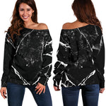 Black White Natural Marble Print Off Shoulder Sweatshirt GearFrost