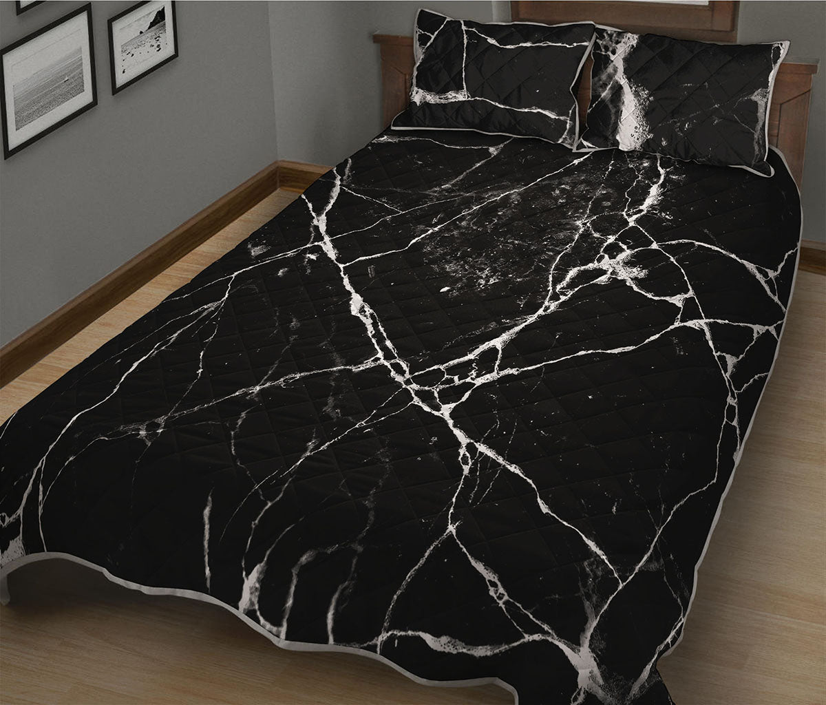 Black White Natural Marble Print Quilt Bed Set