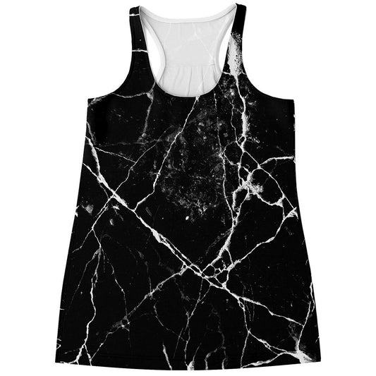 Black White Natural Marble Print Women's Racerback Tank Top