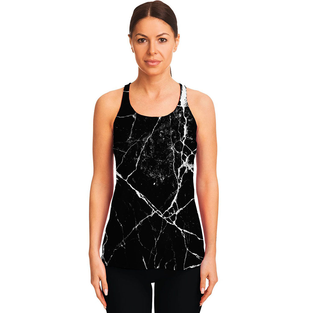 Black White Natural Marble Print Women's Racerback Tank Top