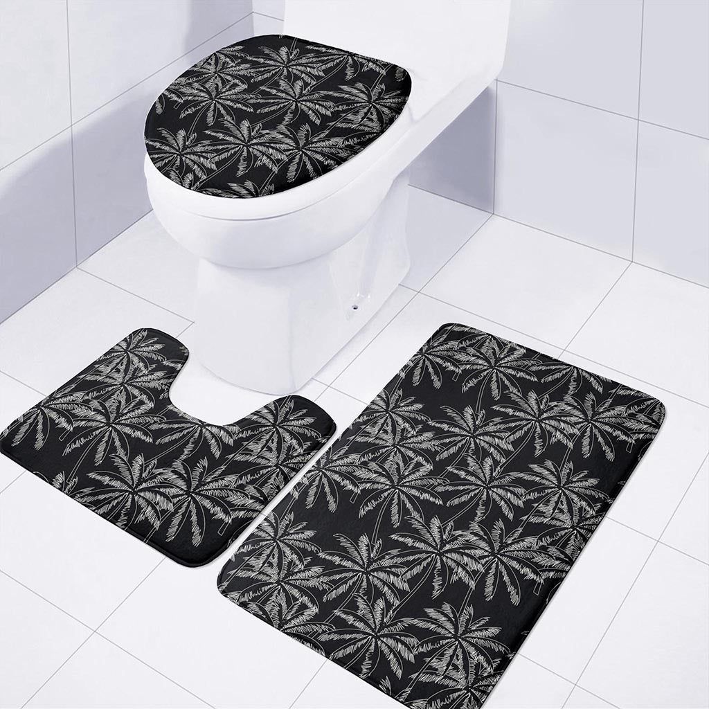 Black White Palm Tree Pattern Print 3 Piece Bath Mat Set
