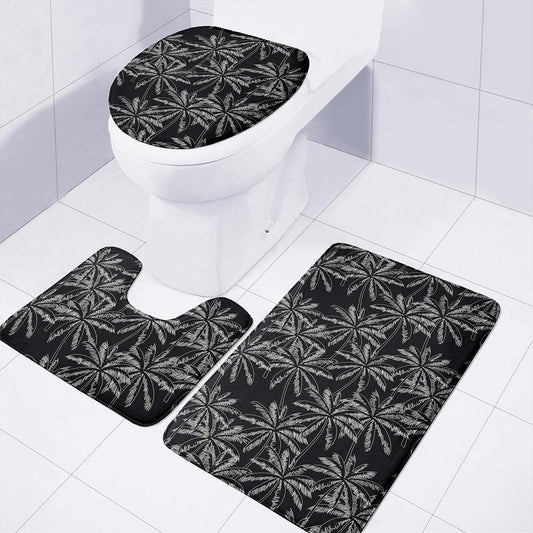 Black White Palm Tree Pattern Print 3 Piece Bath Mat Set