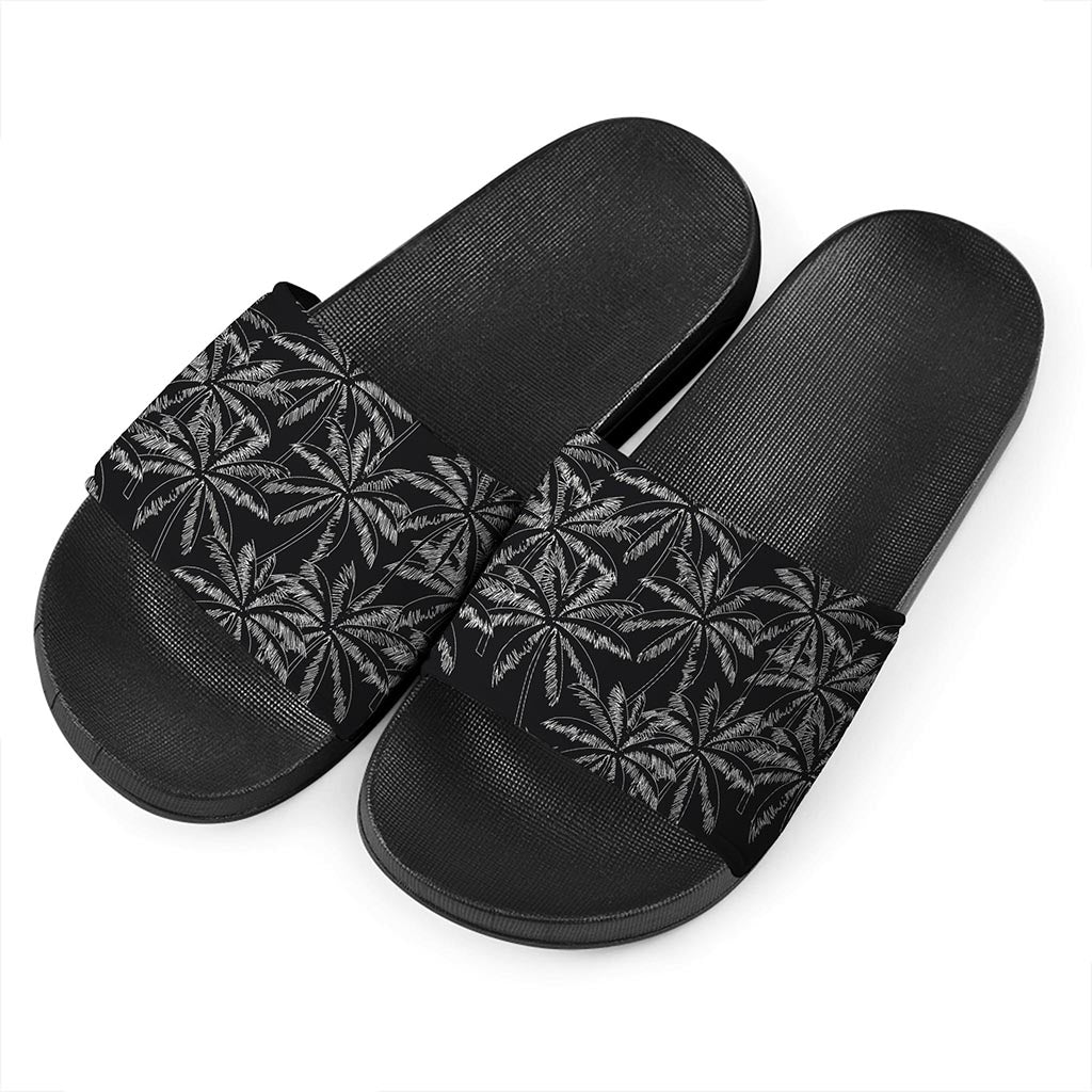 Black White Palm Tree Pattern Print Black Slide Sandals