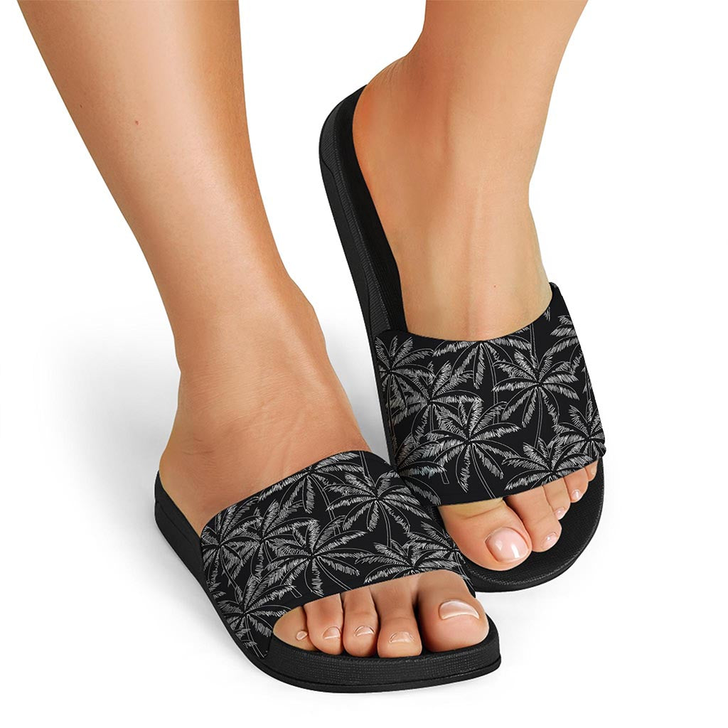 Black White Palm Tree Pattern Print Black Slide Sandals