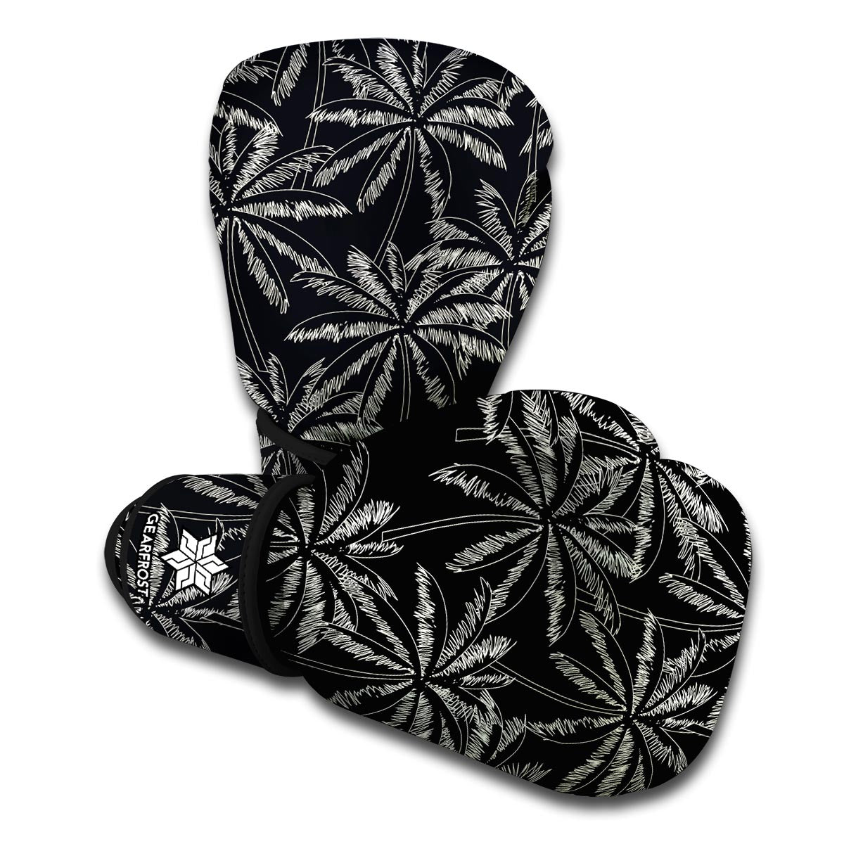 Black White Palm Tree Pattern Print Boxing Gloves