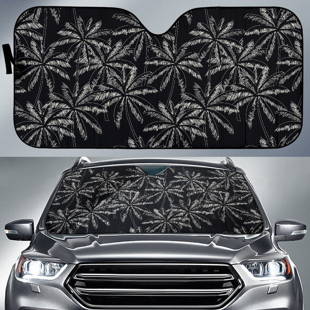 Black White Palm Tree Pattern Print Car Sun Shade GearFrost