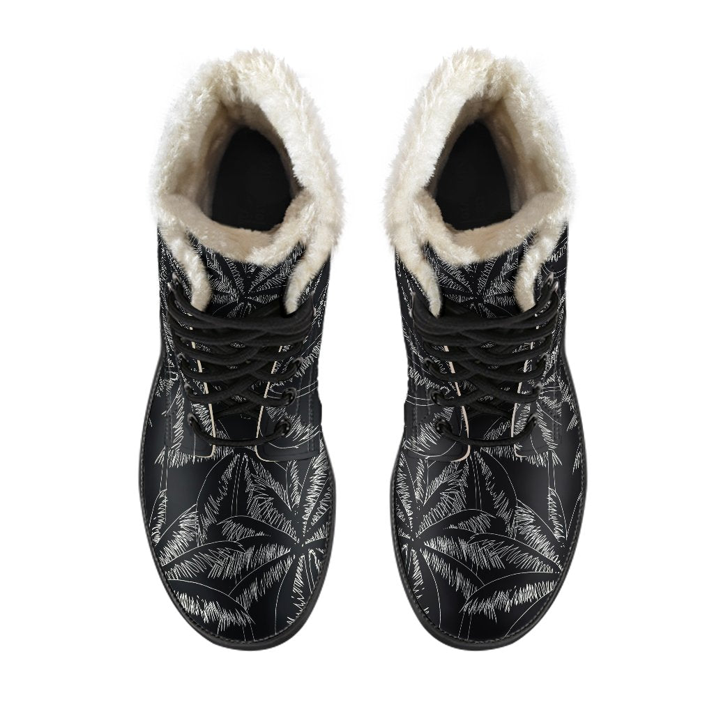 Black White Palm Tree Pattern Print Comfy Boots GearFrost