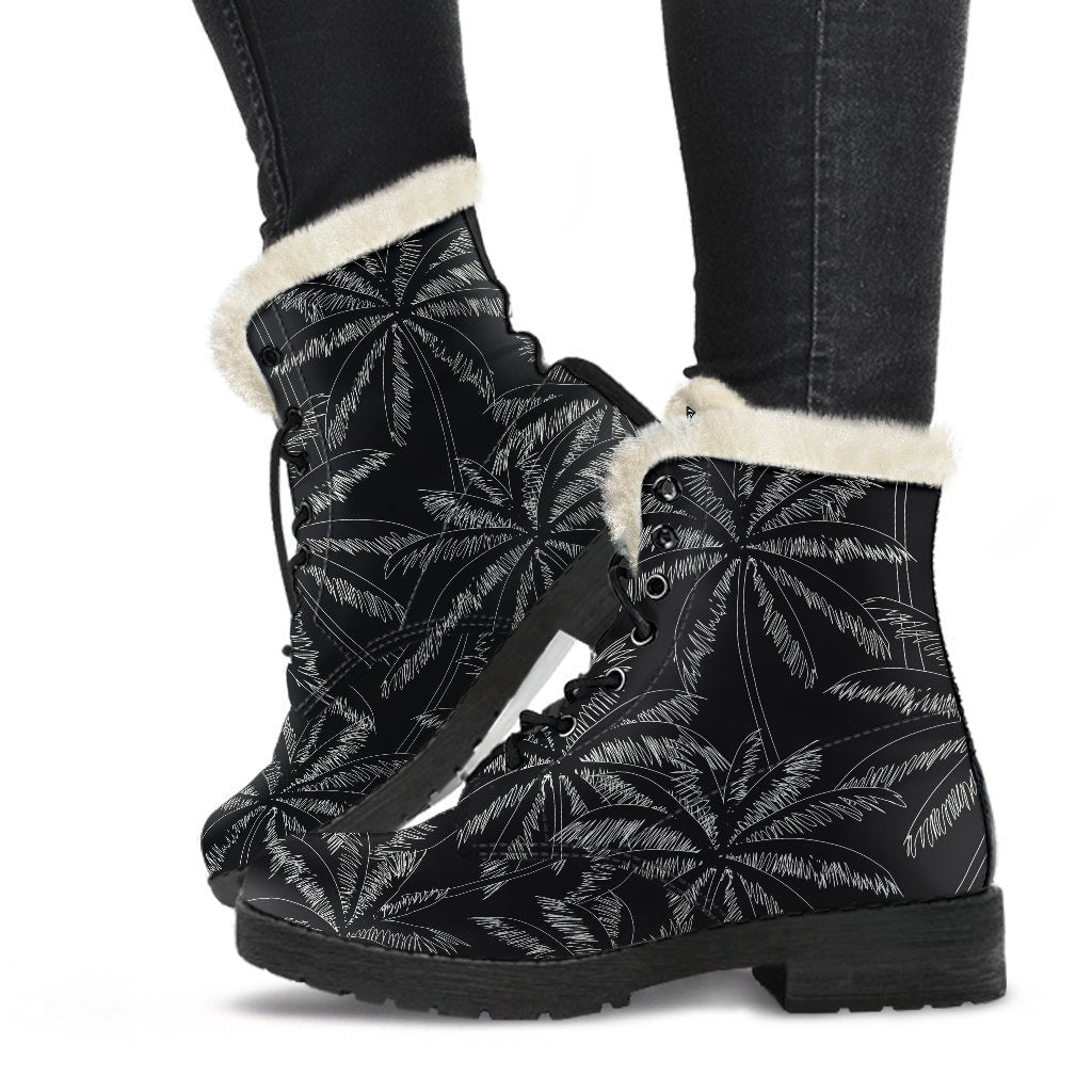 Black White Palm Tree Pattern Print Comfy Boots GearFrost