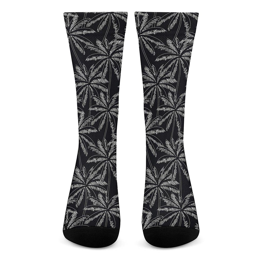Black White Palm Tree Pattern Print Crew Socks