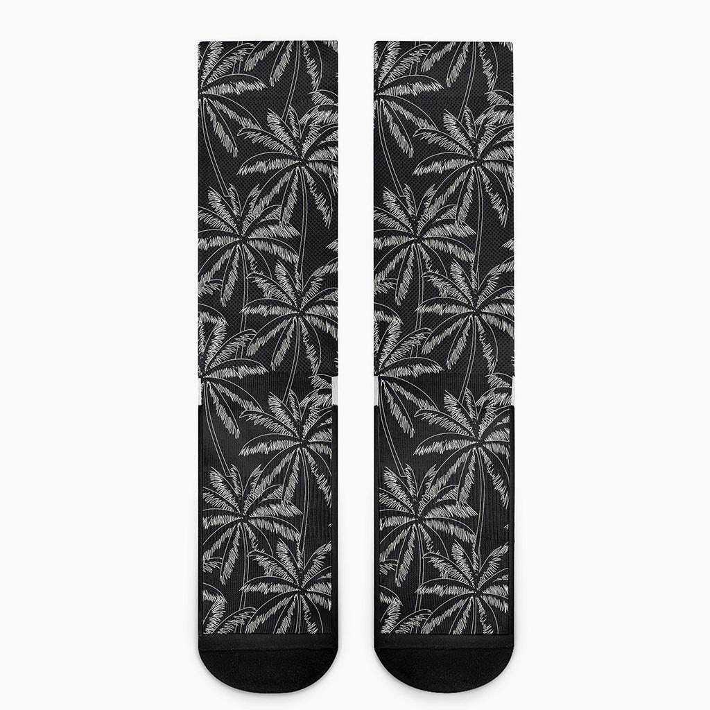 Black White Palm Tree Pattern Print Crew Socks