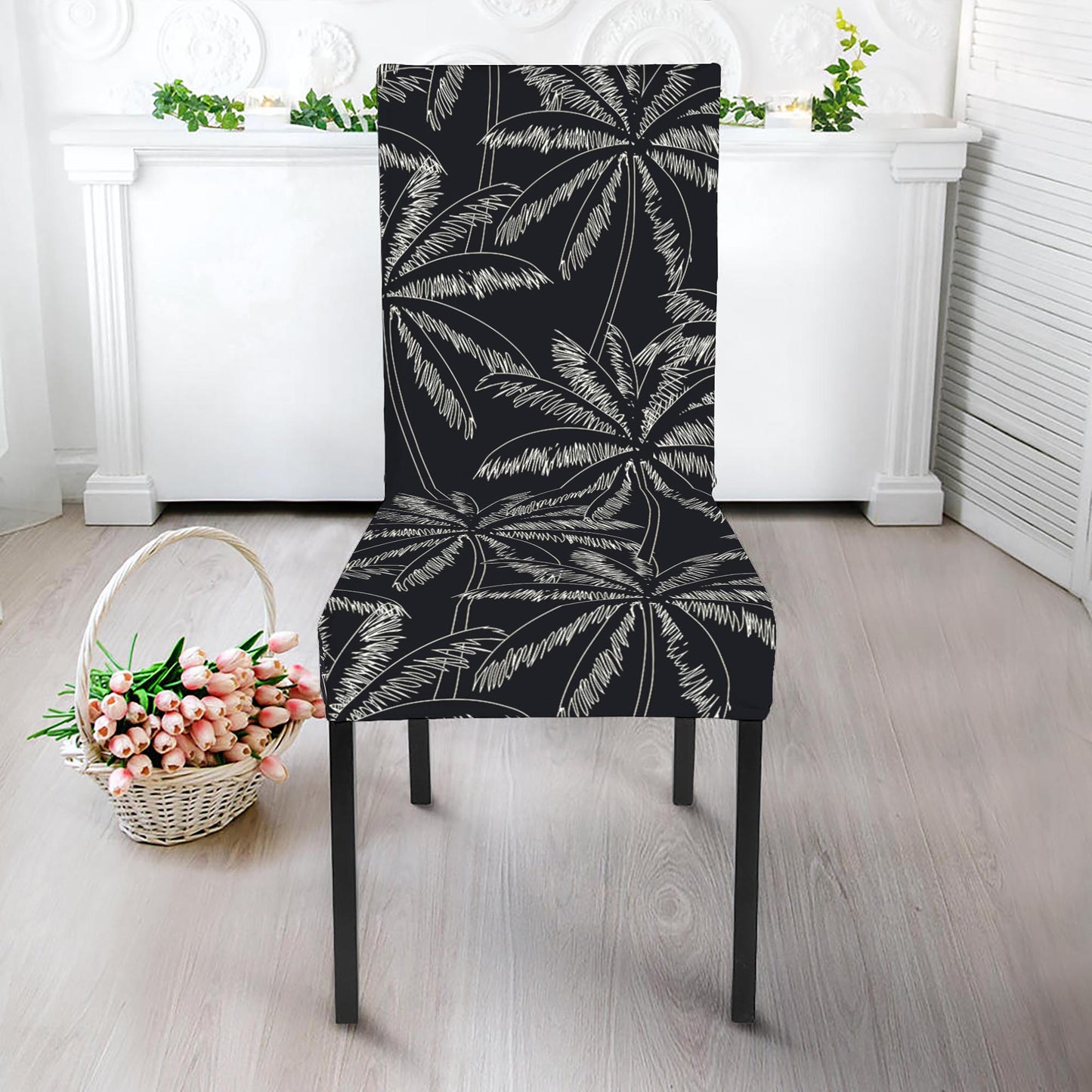 Black White Palm Tree Pattern Print Dining Chair Slipcover