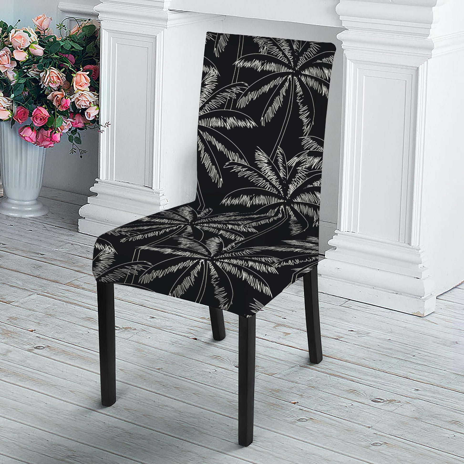 Black White Palm Tree Pattern Print Dining Chair Slipcover