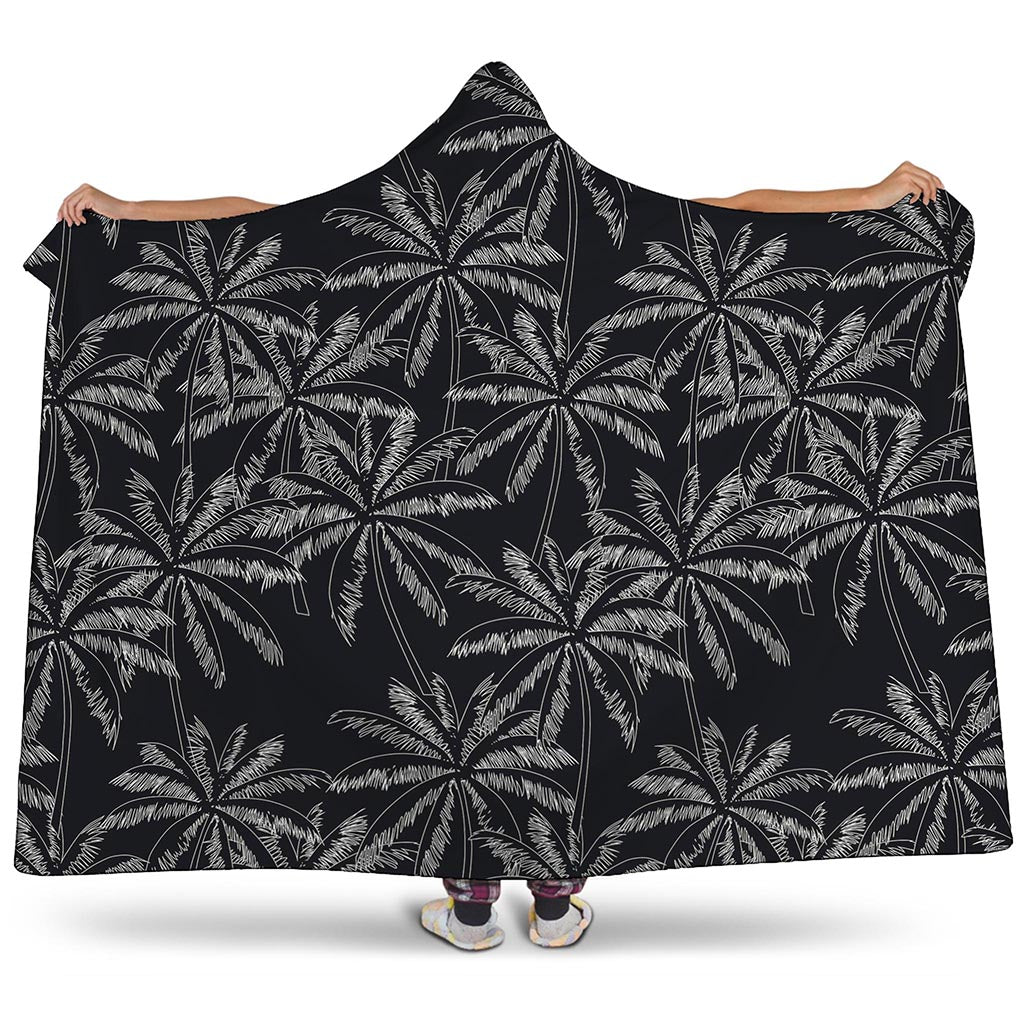 Black White Palm Tree Pattern Print Hooded Blanket