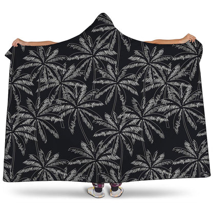Black White Palm Tree Pattern Print Hooded Blanket