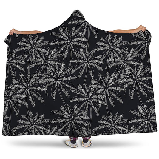 Black White Palm Tree Pattern Print Hooded Blanket