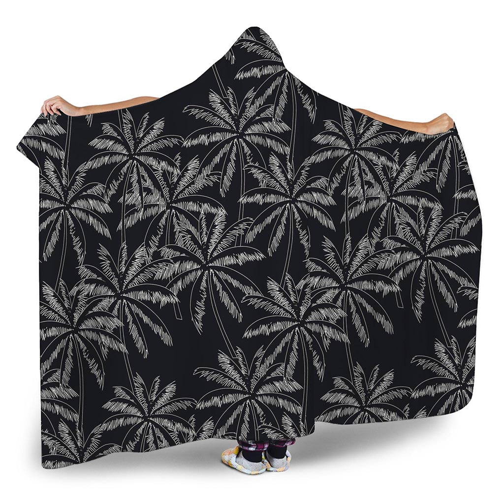 Black White Palm Tree Pattern Print Hooded Blanket