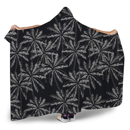 Black White Palm Tree Pattern Print Hooded Blanket