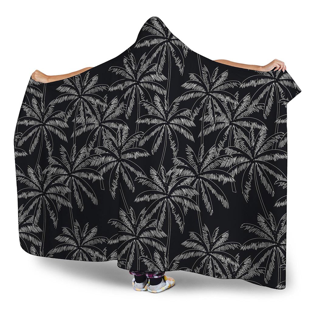 Black White Palm Tree Pattern Print Hooded Blanket