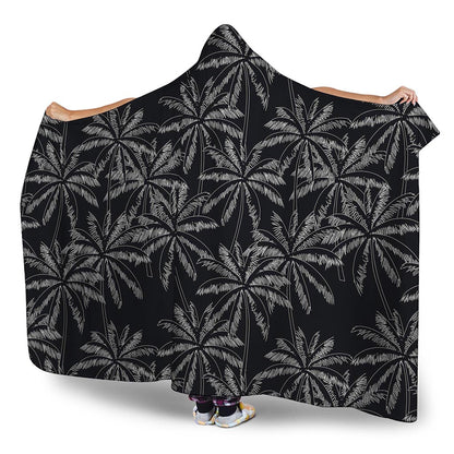 Black White Palm Tree Pattern Print Hooded Blanket