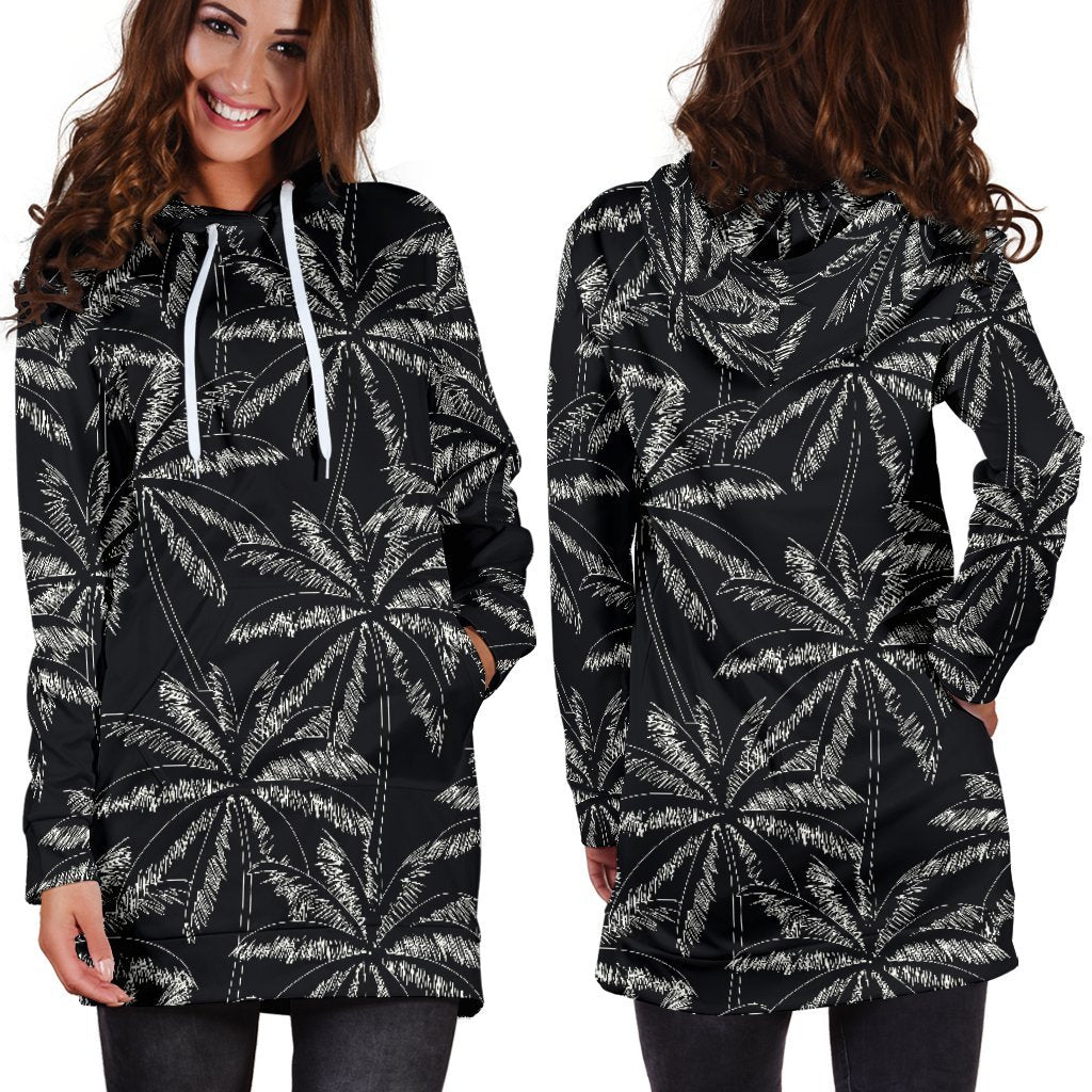 Black White Palm Tree Pattern Print Hoodie Dress GearFrost