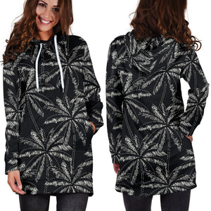 Black White Palm Tree Pattern Print Hoodie Dress GearFrost