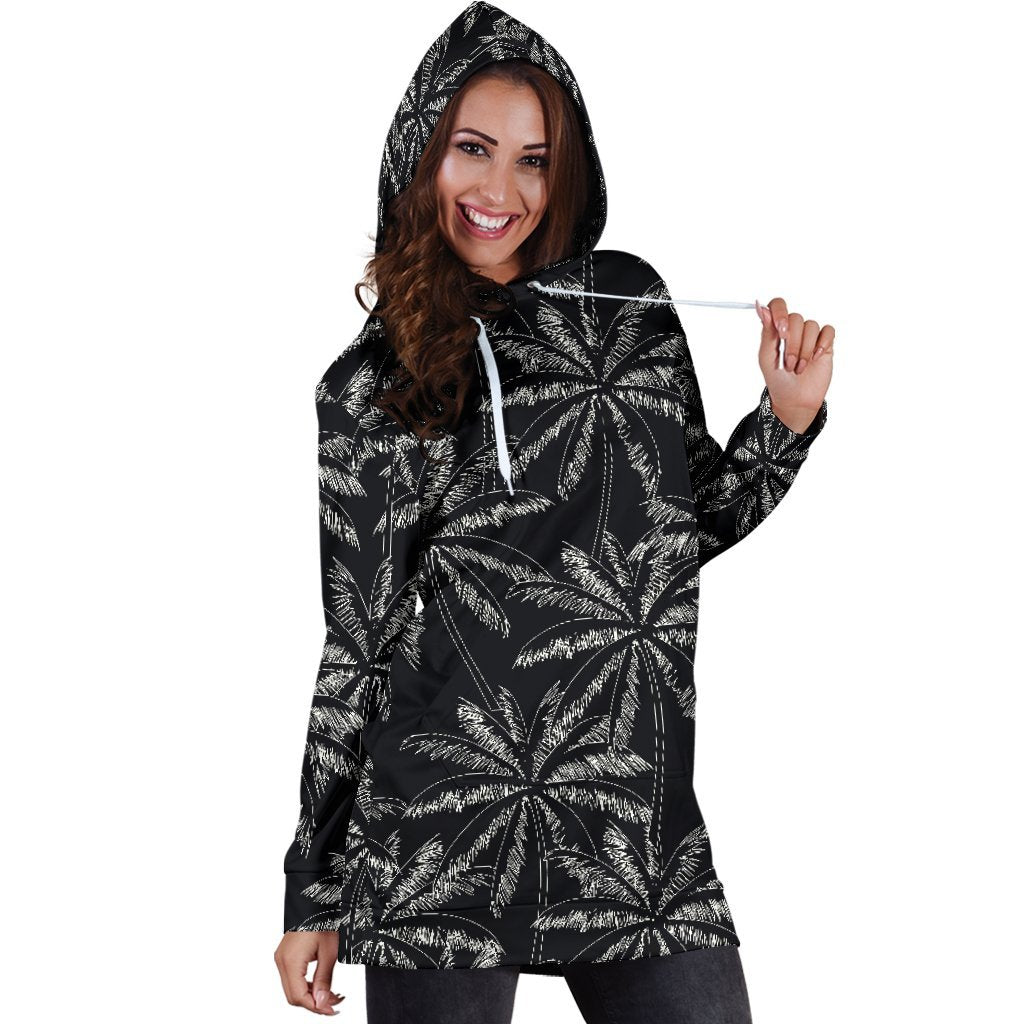 Black White Palm Tree Pattern Print Hoodie Dress GearFrost