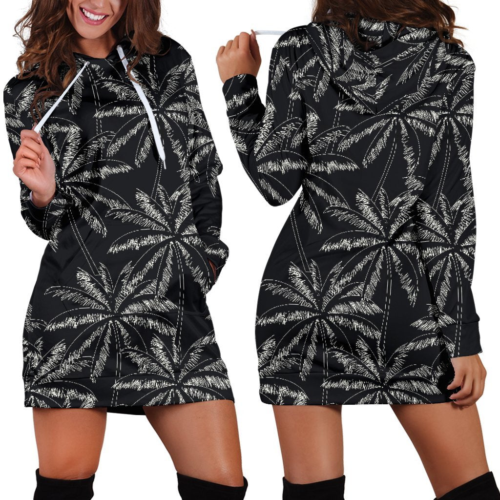 Black White Palm Tree Pattern Print Hoodie Dress GearFrost