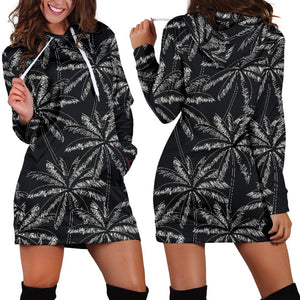 Black White Palm Tree Pattern Print Hoodie Dress GearFrost