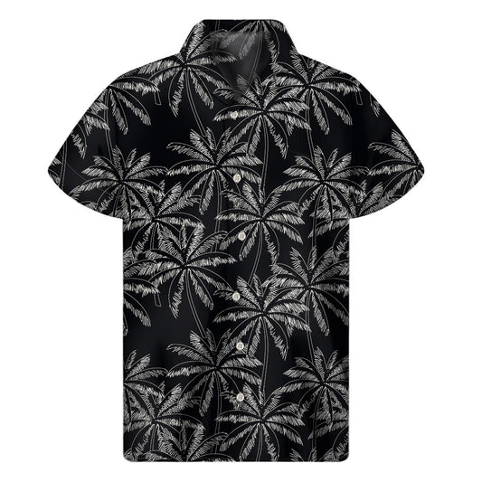 Black White Palm Tree Pattern Print Men's Short Sleeve Shirt