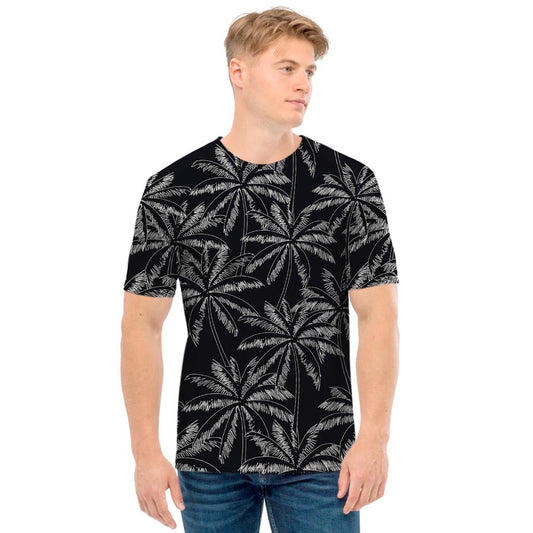 Black White Palm Tree Pattern Print Men's T-Shirt