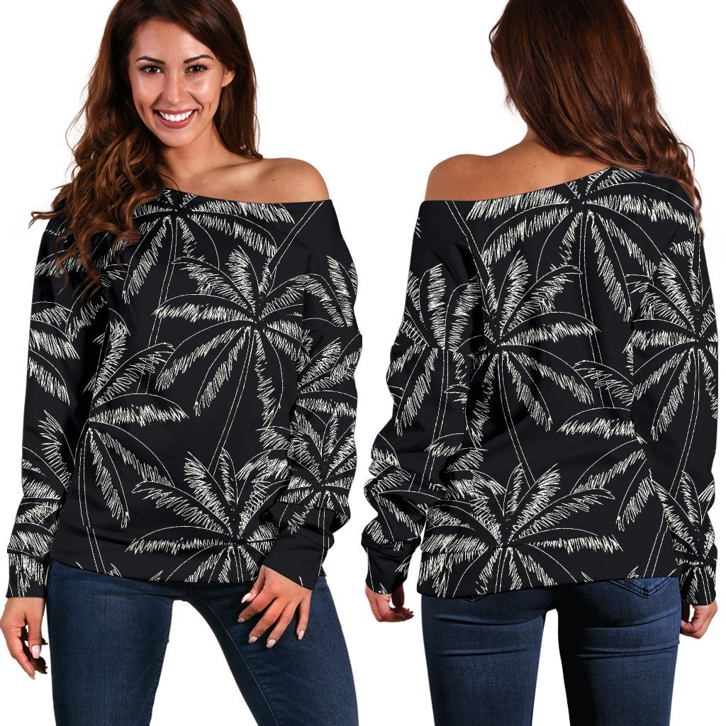 Black White Palm Tree Pattern Print Off Shoulder Sweatshirt GearFrost